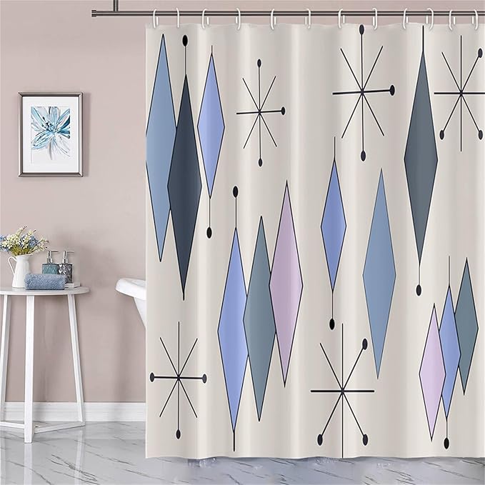 Mid Century Turquoise Shower Curtain Abstract Grey Blue Diamond Geometric Atomic Starburst Pattern Beige Backdrop for 1950s Retro Bathroom Decor Shower Curtain Set with 12 Hooks, 69x70 Inches