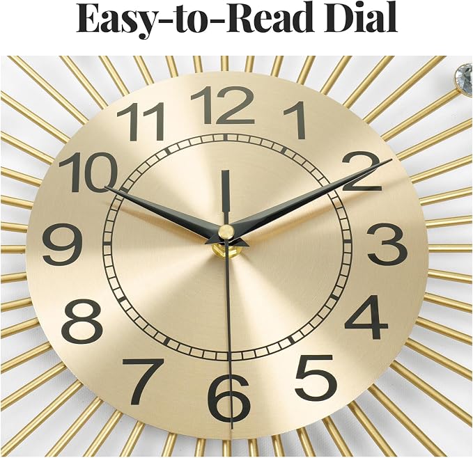 Cuspin Large Gold Wall Clock 30 Inch, Crystal Sunburst Mid Century Modern Clocks for Living Room Decor, Luxury Decorative Battery Operated Metal Clock Silent Non Ticking for Home Ddecor