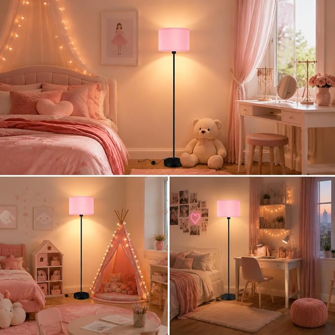 AUQUEE Pink Floor Lamp for Bedroom, Kids & Girls Room Decor, 59" Tall Small Standing Lamp with Lampshade, Foot Switch, Cute Corner Floor Lamp for Nursery, Living Room, E26 Base (No Bulb)
