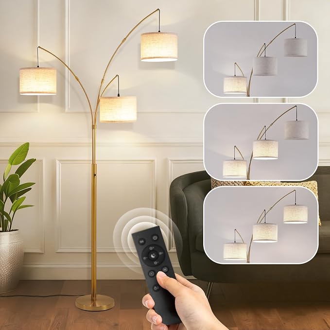 Netin Gold Floor Lamp, Arc Floor Lamps for Living Room Bright Lighting, 3 Light Dimmable Floor Lamp with Remote Control, 3 Color Temperature, Tree Floor Lamp for Bedroom Office