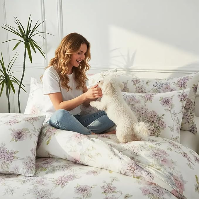 FADFAY Floral Bedding Set with Peony Print, Soft Breathable Duvet Cover & Pillowcases, 100% Cotton, Elegant Botanical Pattern, Durable & Skin-Friendly, Queen Size