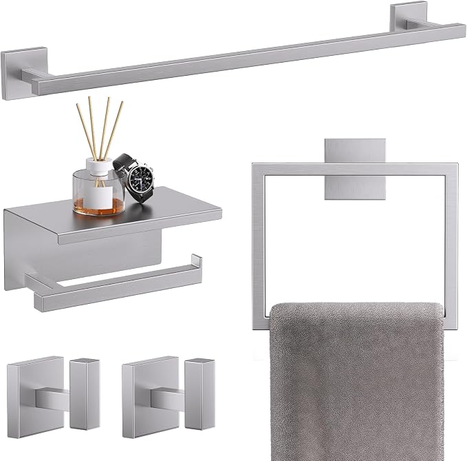 TQKAG 5-Pieces Brushed Nickel Bathroom Hardware Accessories Set 23.6" SUS304 Stainless Steel Towel Bar Set Wall Mounted Square Toilet Paper Holder with Shelf