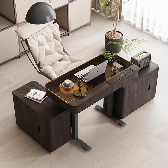 Lartis Office Desk, Electric Standing Desk with Built-in Outlets, Tempered Glass Top Modern Office Computer Desk with 2 Side cabinets (Black Brown, 50)