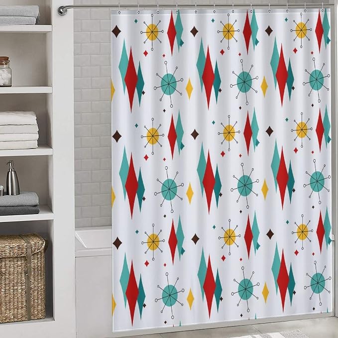Mid Century Modern Shower Curtain,Atomic Starburst Geometric Diamond Pattern Shower Curtains Set for Bathroom Fabric Decorative Bath Curtain Washable Curtain Hooks, 72x72 in