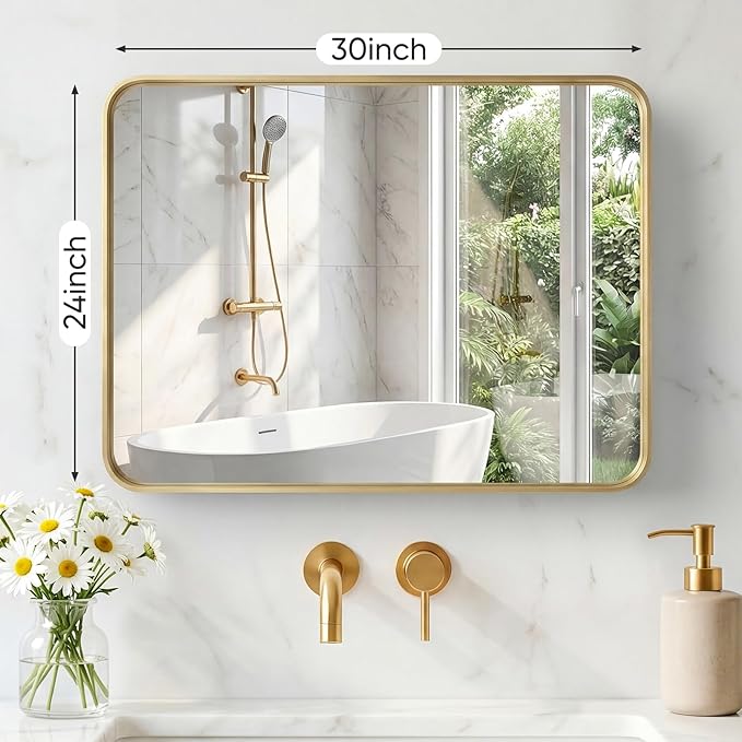 NEWBULIG 24X30 Inch Bathroom Mirror for Over Sink, Wall Vanity Mirrors Tempered Glass, Anti-Rust Metal Framed Rounded Rectangle, Hangs Horizontally or Vertically, Farmhouse Home Decor, Gold
