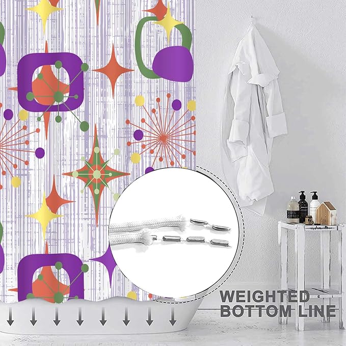 Mid Century Shower Curtain, 72x72inch, Modern Abstract Retro Purple Striped Geometric Shower Curtain Sets 1950s Boho Bathroom Shower Curtain with 12 Hooks