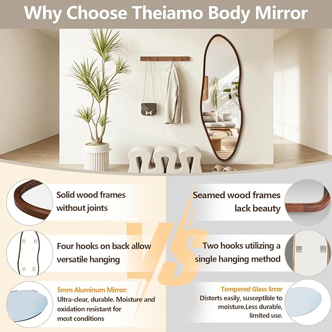 Irregular Full Length Mirror, 65"x22" Wooden Farmhouse Full Body Mirror, Large Asymmetrical Wall Mirrors for Living Room Entryway, Horizontal/Vertical, Walnut