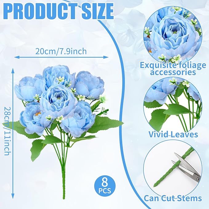 8 Pack Blue Peonies Artificial Flowers, Fake Silk Hydrangea Bouquet for Bridal Wedding Home Table Decor Reusable Dining Opening Ceremony Birthday Arrangement Faux Floral