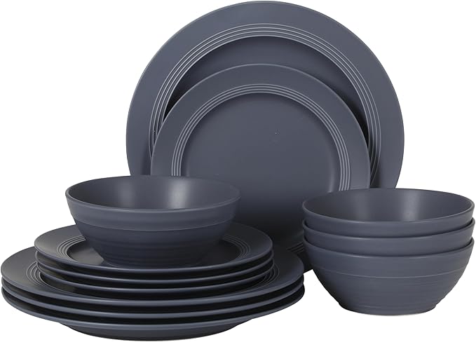 Gibson Elite Soleil 12 Piece Echo Blue Stoneware Dinnerware Set for 4, Plates and Bowls Set with Dinner Plates, Salad Plates and Bowls