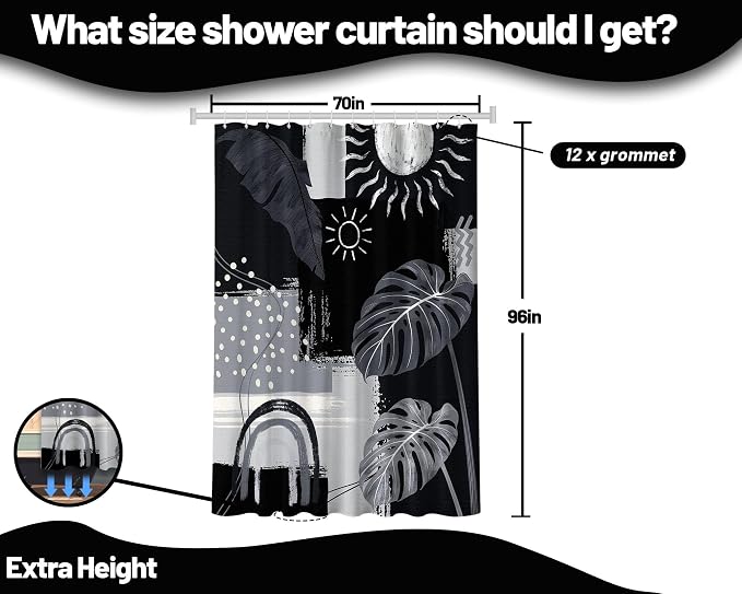 Extra Long Shower Curtain 96 Inchs Extra Tall Black and Gray XL Dark Black and Grey Masculine Shower Curtains for Large Bathroom Decor Sets, Waterproof Cloth Fabric with Hooks, 70 x 96 Inch