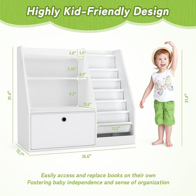 TOETOL Kids Bookshelf,Book Storage Organizer,6 Sling Toddler Wooden Book Shelf,3-Tier Kids Bookcase for Bedroom,Livingroom,Playroom,Nursery-White
