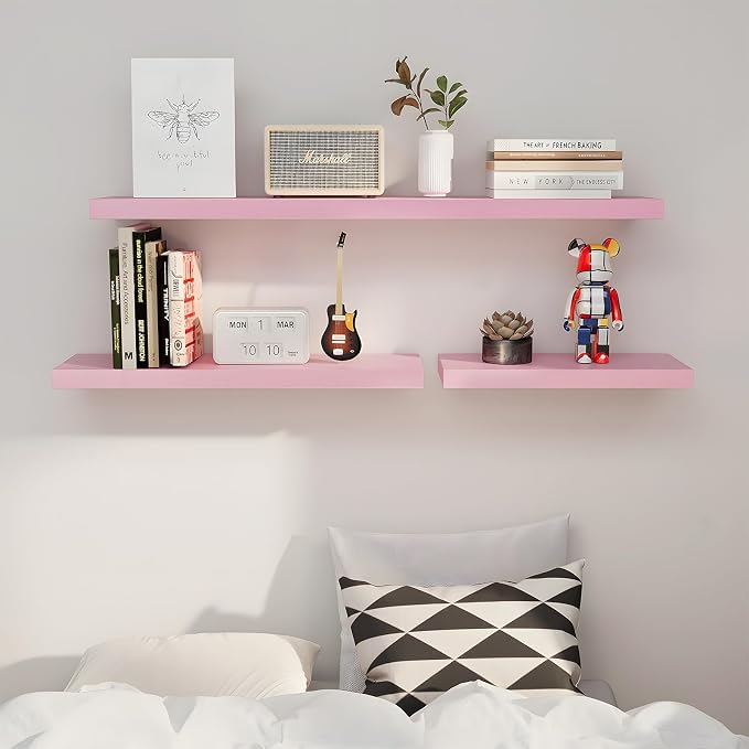 SAUMONIERES Floating Wall Shelves for Bedroom Bathroom Wall Mounted Solid Wood Shelf 24 Inch Set of 3, Pink Floating Shelves