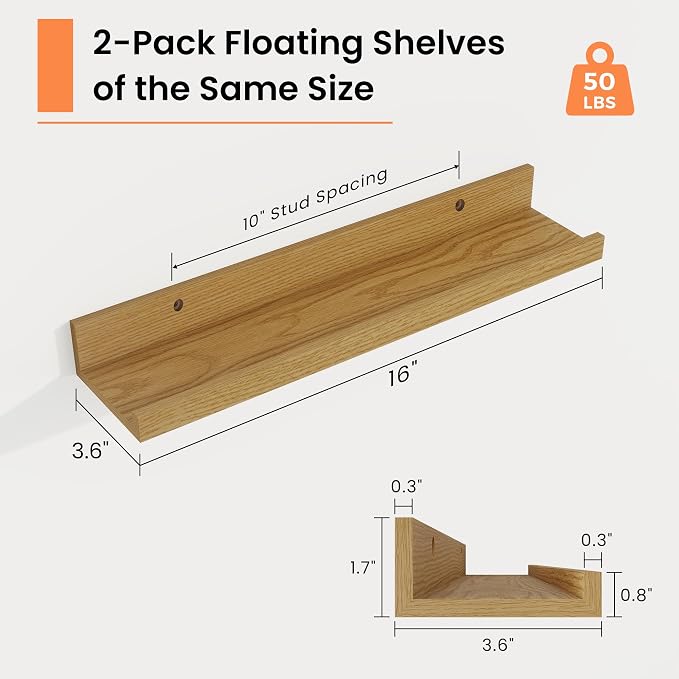 RICHFOCUS Picture Ledge Shelf, 16 inch Floating Shelves Set of 2, Wood Wall Shelves with Lip, Wall Decor Storage for Bedroom Living Room Bathroom Kitchen Nursery Photo Picture, Oak