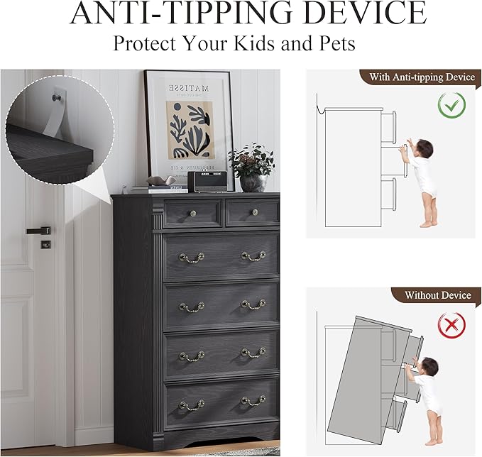 Grey Dresser for Bedroom, Farmhouse 6 Chest of Drawers, 47" Tall 6 Drawer Dresser Storage with Wood Pilasters and Metal Handles, Vintage Design, Drawer Organizer for Bedroom, Hallway