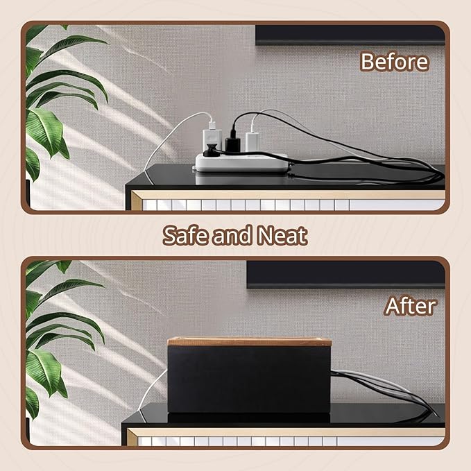 Wood Cable Management Box - Cable Organizer Box - 2 Open Slots Cords Hider Box - Under Desk Cord Organizer for Power Strip Extension Cord Surge Protector Charger Wire, Black