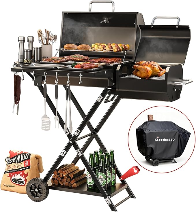 kscocinaBBQ Portable Charcoal Grill with Smoking Function, Foldable Suitcase Design with Wheels, Multi-Tier Storage Rack & Waterproof Cover for Outdoor BBQ Parties (Black)