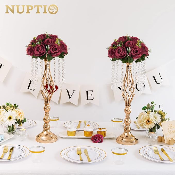 NUPTIO Flower Ball Arrangement Bouquet - 6 Pcs 9.5 inch Diameter Burgundy Fake Flowers Roses Balls for Centerpieces Tables - Artificial Rose Arrangements for Wedding Centerpiece Table Decorations