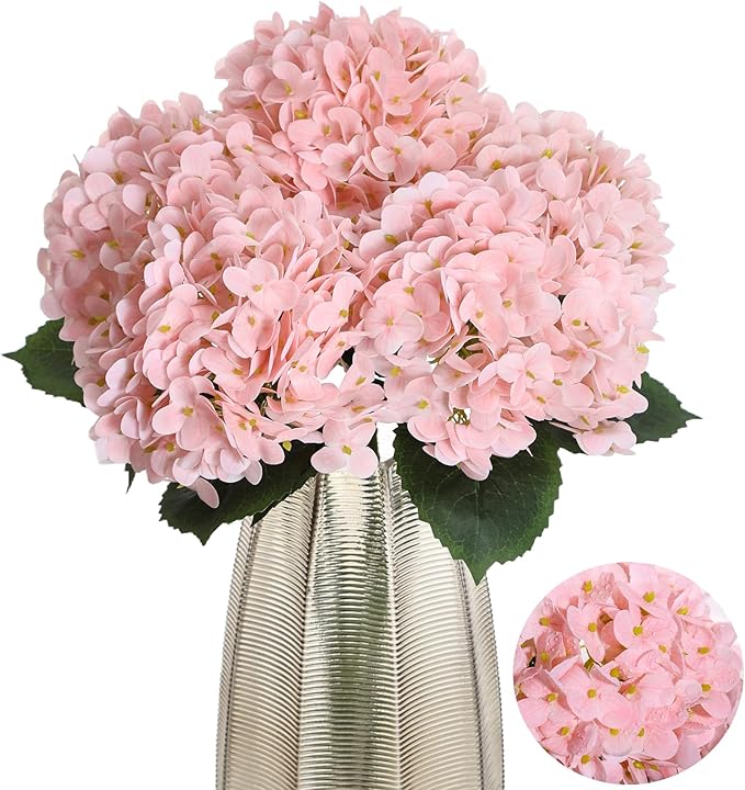 Kimura's Cabin 5Pcs 21inch Lifelike Faux Hydrangea Real Touch Latex Hydrangeas Long Stem with Leaves Artificial Hydrangea Bouquet for Home Wedding Baby Shower Birthday Party Decoration (Pink)