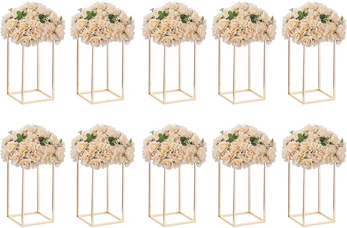 Nuptio Gold Vase for Wedding Centerpieces with Acrylic Panel - 10 Pcs 15¾ inch Tall Vases for Centerpieces for Wedding Gold Vases for Flowers Wedding Tables Home Party Centerpiece Table Decorations