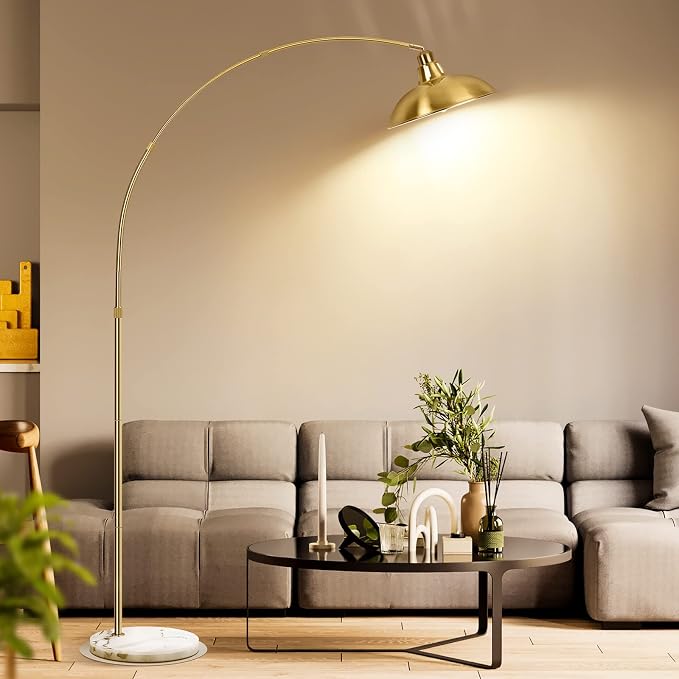 FILIYANO Gold Brass Arc Floor Lamp for Living Room - Mid Century Modern Standing Lamp, Overhanging Floor Lamps, Arch Stand Up Lamp & Floor Light with White Marble Base, Ideal for Bedroom Study Room