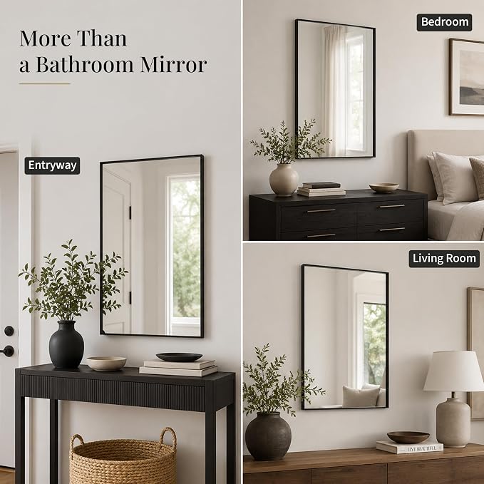 24"x36" Black Bathroom Mirror for Wall, Shatterproof Tempered Glass, Rectangle Thin Metal Frame, Ultra-Flush Wall-Mounted, H/V Mount