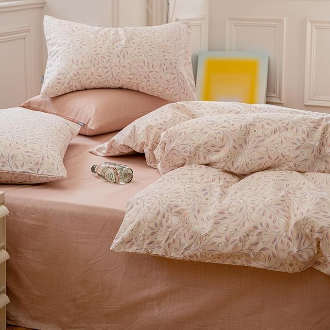 EAVD Pink Botanical Duvet Cover Queen - Soft 100% Cotton Garden Floral Tree Branches Pattern Bedding Set with 2 Pillowcases Vintage Style Comforter Cover with Zipper Closure