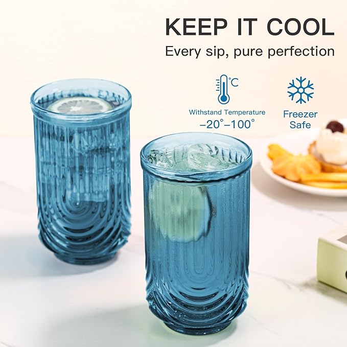 JOVGANK Blue Vintage Glassware Set of 6-17Oz Blue Water Drinking Glass, Art Deco Ripple Highball Glass, Whiskey Cocktail Glasses, for Bar Ice Coffee Juice, Housewarming Gifts and Mother's Day Gift