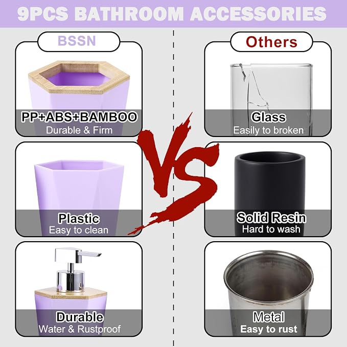 Bathroom Accessories Set, 9 Pieces Bamboo Bathroom Set with Trash Can, Tray, Soap Dispenser, Soap Dish, Toothbrush Holder, Toothbrush Cup, Toilet Brush and Qtip Holders