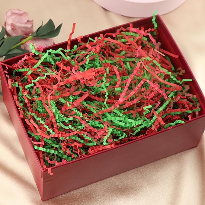 Uptotop 5oz Crinkle Cut Paper Shred Filler for Gift Wrapping Basket Filling, Birthday, Christmas, Thanksgiving, Wedding, Mother's Day, Red and Green (5 oz)