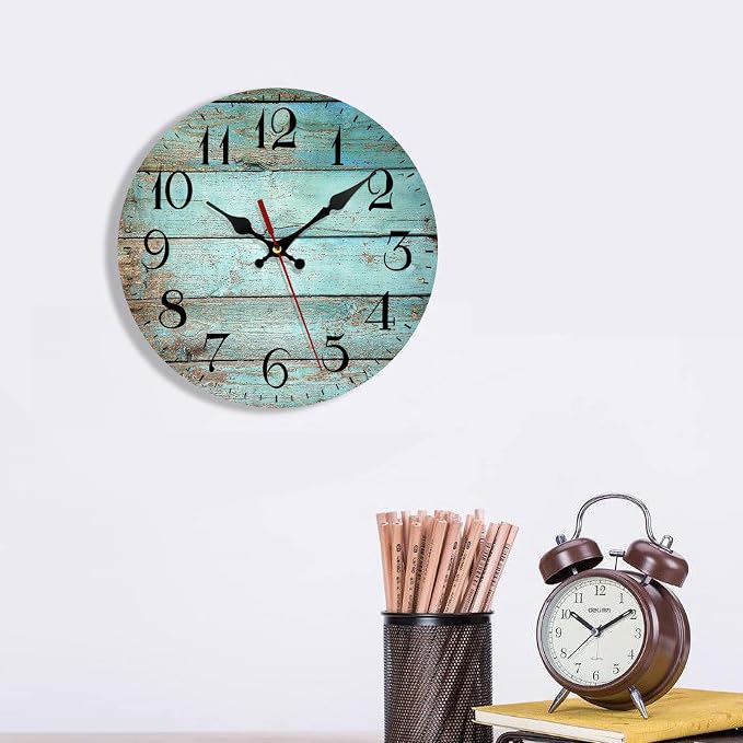 ArtSocket Turquoise Wooden Wall Clock Silent Non-Ticking, Teal Green Blue Wooden Grain Cracked Vintage Round Wall Clocks Decor for Home Kitchen Living Room Office, Battery Operated(12 Inch)