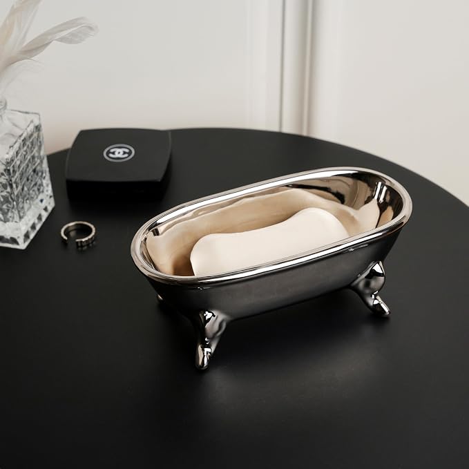 6.7" Ceramic Mini Clawfoot Bathtub Bar Soap Dish, Decorative Bar Soap Holder, Soap Tray Sponge Holder for Shower, Bathroom & Kitchen Sink (Silver)