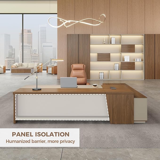 Modern L Shape Executive Desk with Drawers and Lockable Storage Cabinet, Large Executive Office Desk with Cable Management (Champagne Wood Grain+Beige/Left,79" L*63" W*30" H)