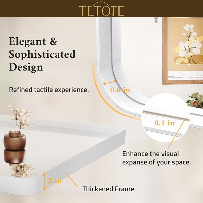 TETOTE 55 x 30 Inch Bathroom Mirror, White Modern Metal Frame Rectangle Modern Farmhouse Wall Mounted Vanity Mirror with Sandy Textured Surface(Horizontal/Vertical)