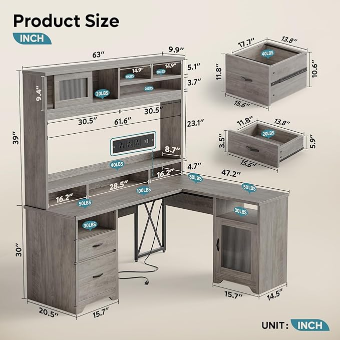Bestier Farmhouse 63" L Shaped Desk with Hutch, Wood Computer Desk with Drawers, Charging Station, LED Light, Fluted Sliding Door Cabinet, Monitor Stand, Executive Desk for Home Office, Grey
