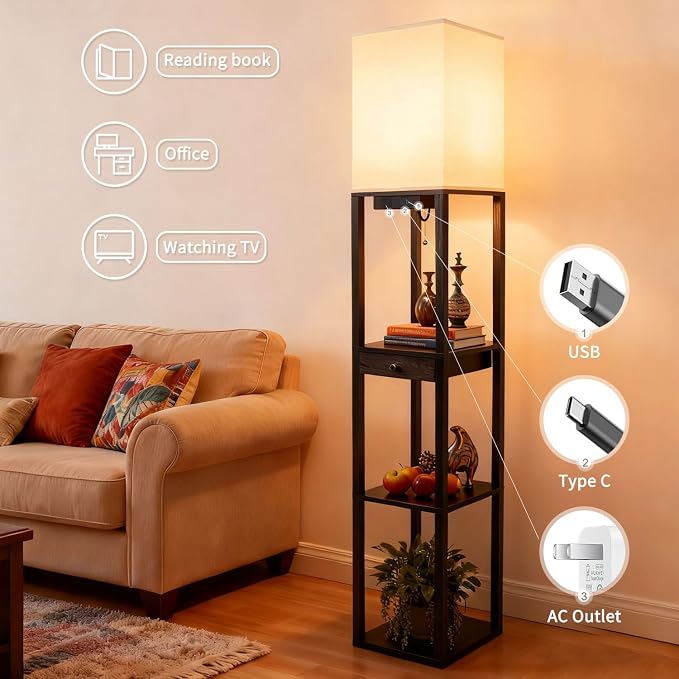 Shelf Floor Lamp with 1 Drawer,2 USB-C Ports,1 AC Outlets, Modern Wood Floor Lamp with Storage, Corner Display Standing Lamp for Living Room, Bedroom, Office