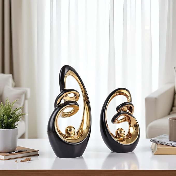 Black Ceramic Abstract Sculpture Statue,Mid Century Modern Gold Accent Decor,Porcelain Statues Art Deco Gold Show Piece for Home - Contemporary Tv Stand End Table Centerpieces (Black Gold)