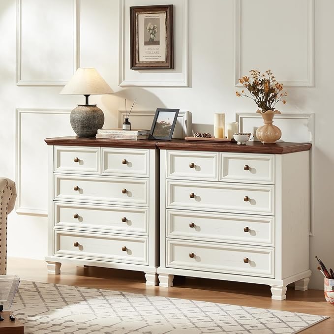 Farmhouse 5 Drawer Dresser Set of 2, 32.6 Inch Tall Modern Chest of Drawers for Bedroom, Mid Century Small Dressers w/Square Solid Wood Legs, Rustic Storage Organizer for Hallway, White