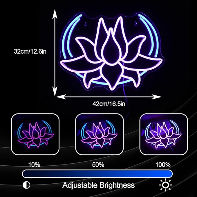 Moon Lotus Flower Neon Sign Dimmable Blue Moon Neon Light Sign for Wall Decor USB Power Purple Lotus Led Light Up Sign for Bedroom Yoga Room Game Room Man Cave