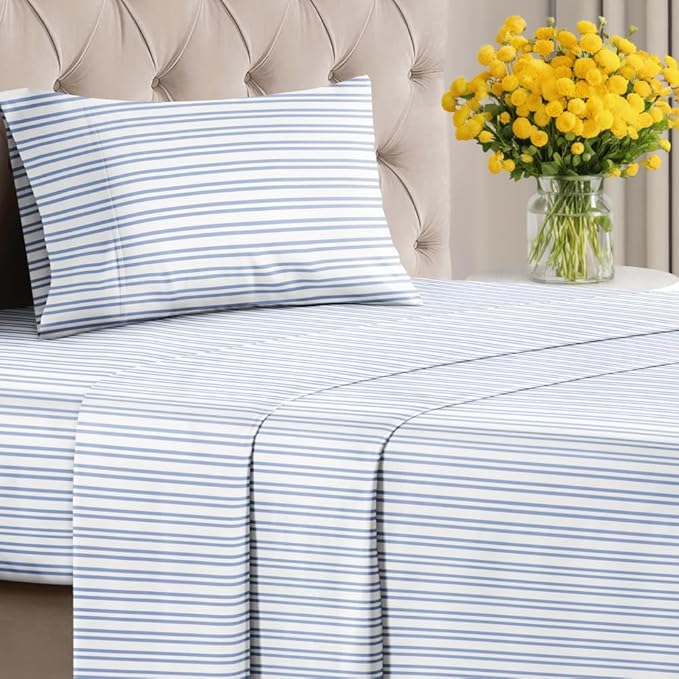 Blue and White Striped Sheets - 1 Flat & 1 Fitted Sheet & 1 Pillowcase w/ Deep Pockets - Comfy, Wrinkle & Fade Resistant - Ultra-Soft, Breathable & Cooling - Luxury Pinstripe Bedding - Twin Size