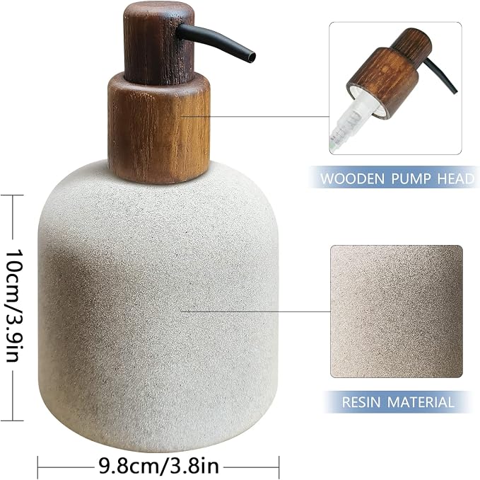 250ml Japanese Style Resin Soap Dispenser Bathroom, Easy to Fill Washing Up for Kitchen Sink, Refillable Shampoo and Conditioner Bottles with Wooden Pump