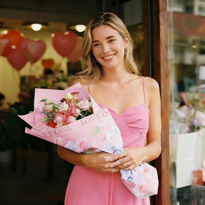 WRAPAHOLIC 20 Sheets Pink Flower Wrapping Paper - 22.4 x 22.4 inch Rose Design Water-Resistant Floral Bouquet Wrapping Paper, Florist Supplies Packaging for Wedding Birthday Gift DIY