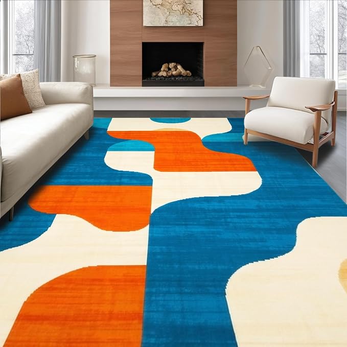 Flatwoven High Traffic Area Rug 5x7, Mid Century Motif Mastery, Non Slip, Stain Resistant, Washable Area Rugs for Living Room, Bedroom (Blue, 5x7)