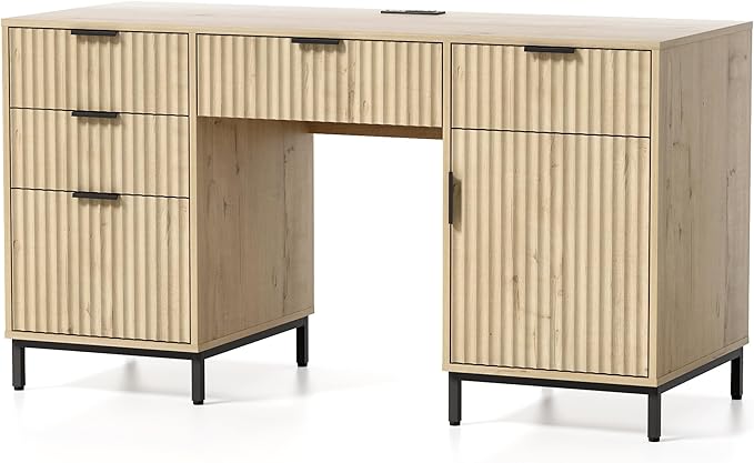 55" Fluted Executive Desk, Modern Wood Home Office Desk with Charging Station, Keyboard Tray, File Drawer, Storage Cabinet for Work Study Writing Desk, Light Oak
