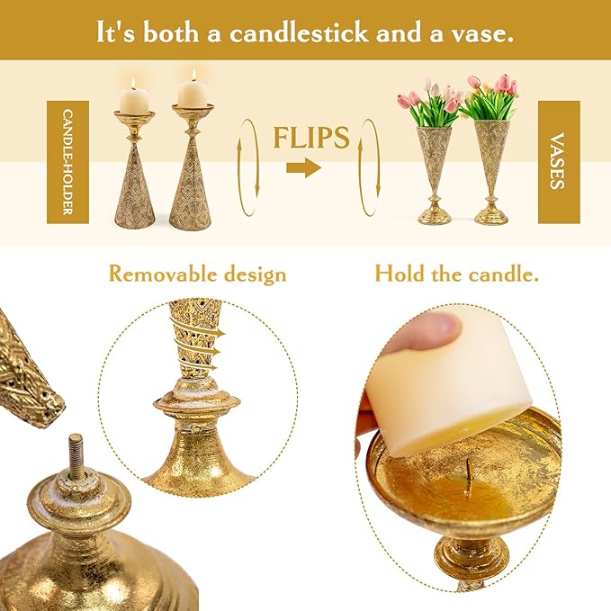 Farmhouse Gold Candle Holders for Pillar Candles, Metal Distressed Set of 2 Retro Flower Design Pillar Candle Stand Dual Use, Can be Vase Table Centerpiece Decor for Fireplace, Living, and Dining Room