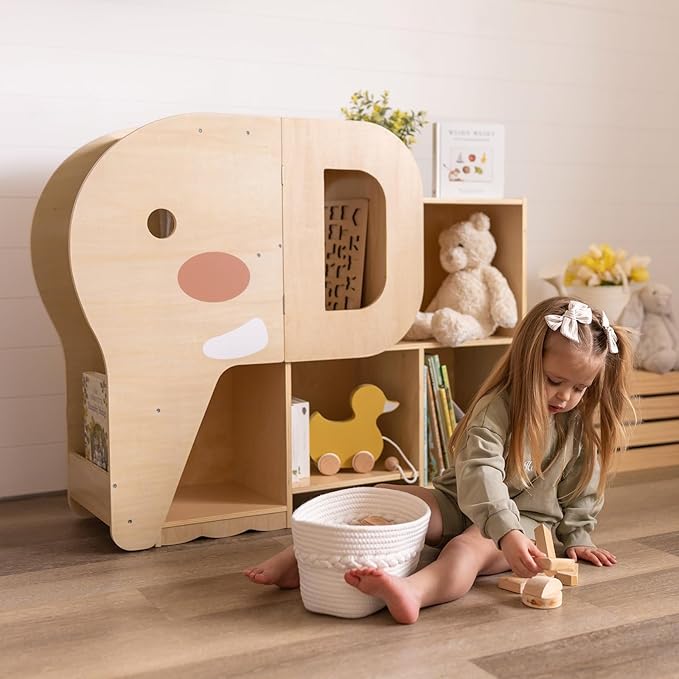 OOOK Montessori Bookshelf with Elephant Shape, 2-Shelf Toddler Bookshelf, Montessori Shelf and Toy Storage Organizer for Classroom, Kindergarten, Kids Room, Playroom and Daycare.