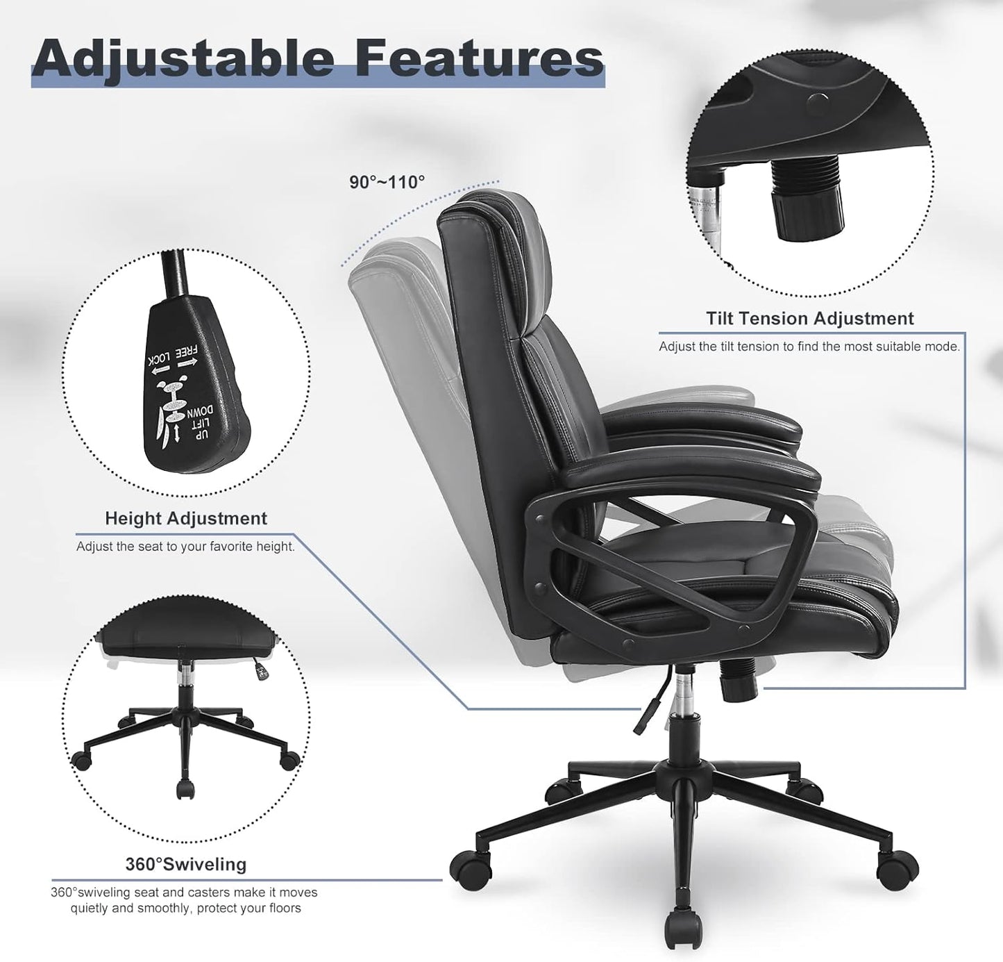 Skiennix Ergonomic Executive Office Chair - Heavy Duty 300lbs Capacity, Mid-Back PU Leather with Lumbar Support - Black