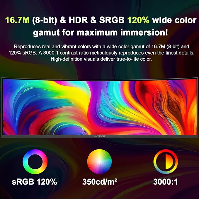 Amzfast 49 Inch Curved Monitor 120Hz DQHD 5120x1440p Ultrawide Gaming Monitor, 120% sRGB, 1500R, 1ms MPRT, HDR, Adaptive Sync, PIP/PBP, Height Adjustable, HDMI 2.0/DP 1.4, VESA 75x75, AMZG49C7U