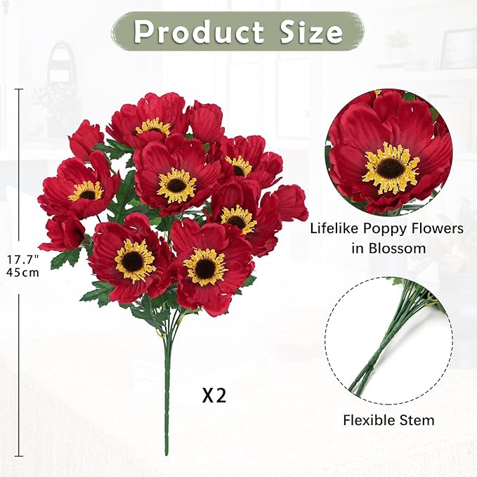 Hollyone 10 Heads Red Poppy Flowers Artificial 2Pcs Fake Poppies Flowers Bouquets with 7 Heads Full Bloom Poppy & 3 Buds Bouquet Stems Spring Sumer Faux Floral Flower Arrangement for DIY Home Decor