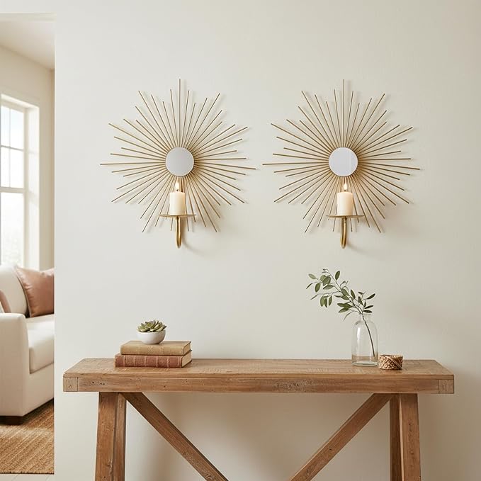 2 Set Candle Sconces Wall Decor for Living Room Metal Sunburst Mirrored Modern Gold Wall-Mounted Candle Holder Sconces Hanging Mounted Fireplace Farmhouse Wedding