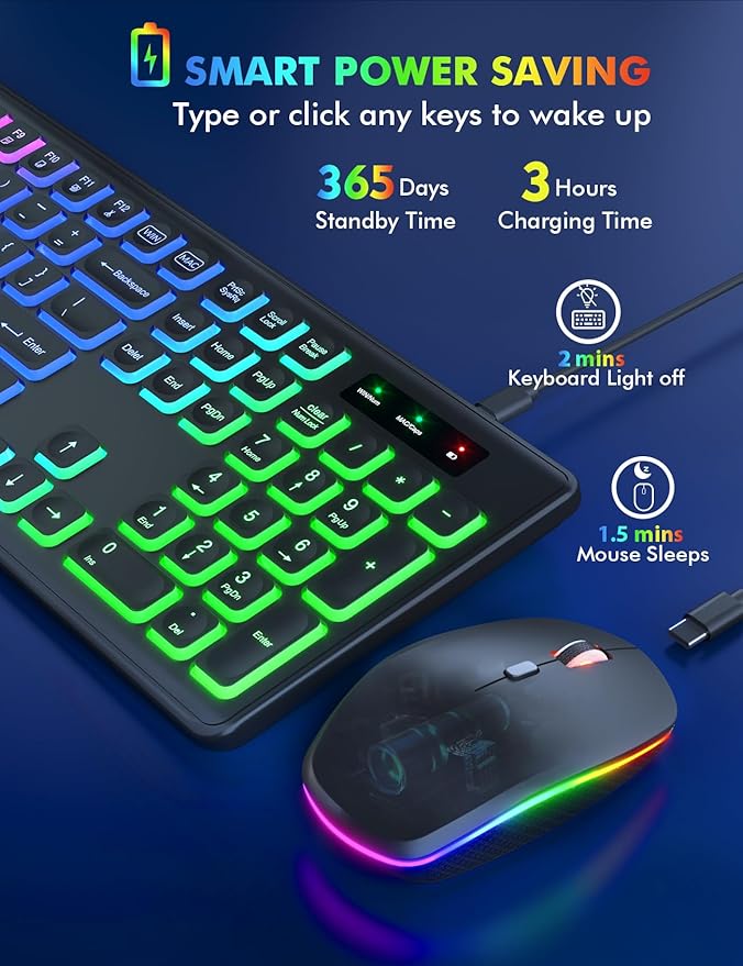 Wireless Keyboard and Mouse Combo, RGB Backlit, Rechargeable & Light Up Letters, Full-Size, Soft Typing, Sleep Mode, 2.4GHz Quiet Keyboard Set for Mac, Windows, Laptop, PC, Trueque (Black)